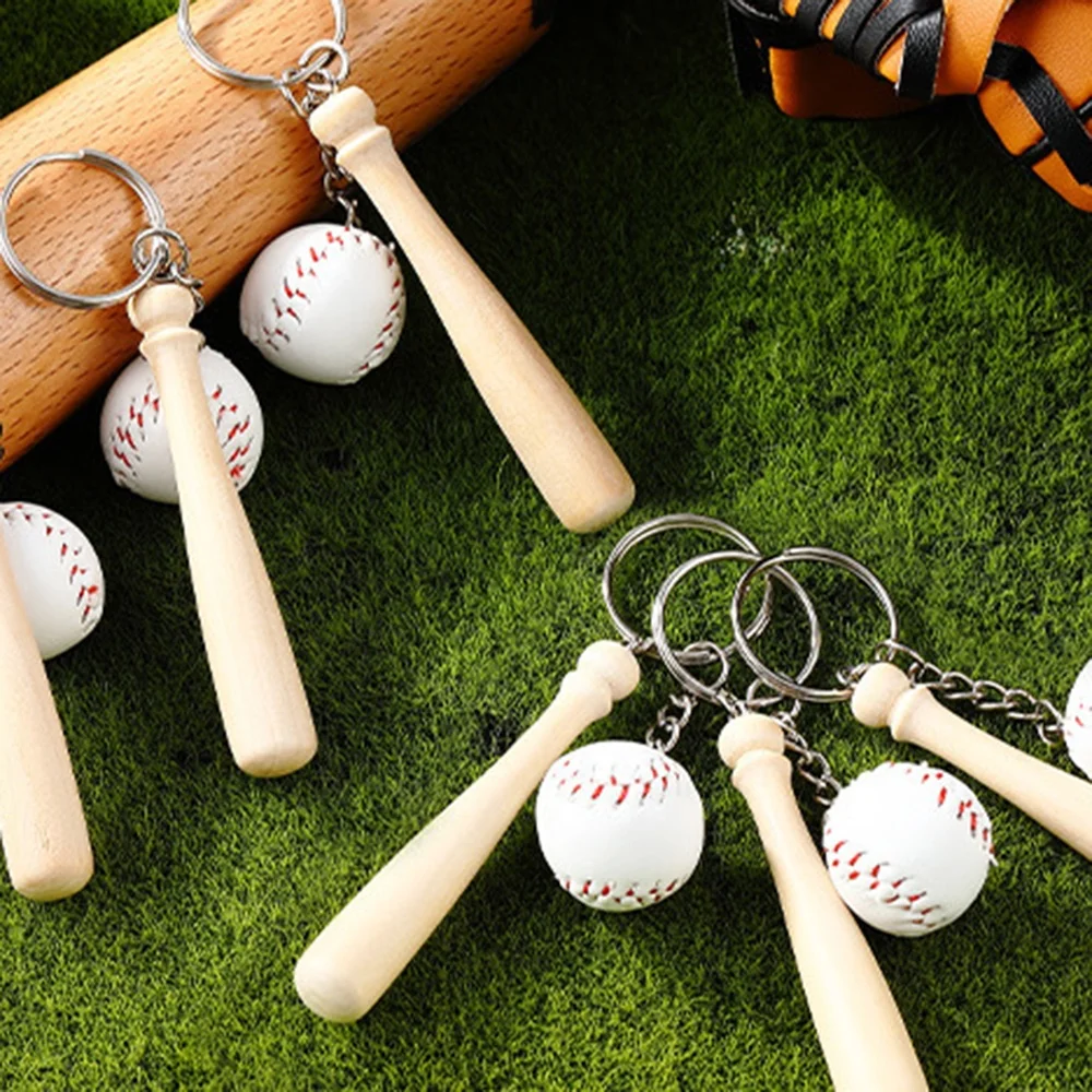 Leather Baseball Keychain with Wooden Bat Mini Baseball Keyring Sports Keychain for Team Baseball Bat