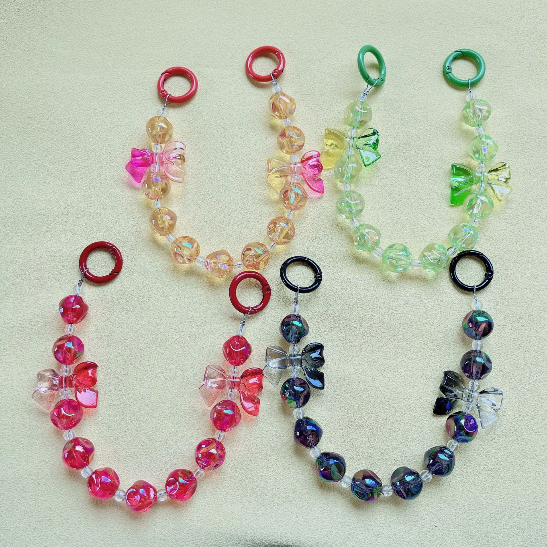 best selling products 2024 Acrylic Keychain Bowknot Beaded Gradient Color Cell Phone Charm Anti Lost Keychain