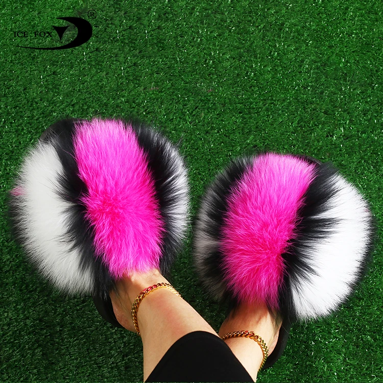 Open Toe Single Strap Slip On Sandals Real Fox Fur Women Multicolor Pvc Bag Accept Customized Logo