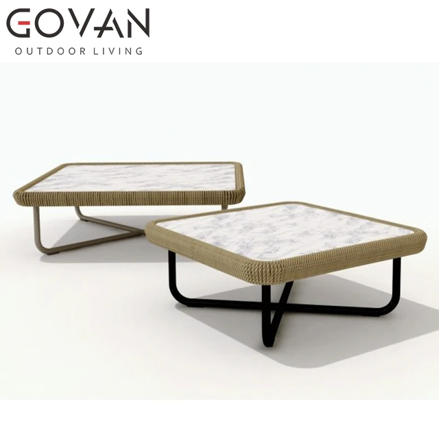 
Elegant and modern furniture garden brushed aluminum frame with natural marble table top outdoor coffee table set 