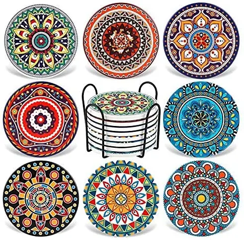 Custom Design Tabletop Protection Round Absorbent Stone Coaster Drink Ceramic Coasters With Holder