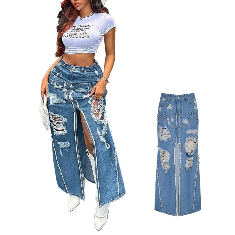 Liu Ming Vintage Fashion Trends 2024 Women Clothing High Waist Hollow Out Lady Slit Long Denim Skirt
