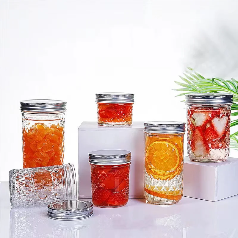 IN STOCK 100ml 4oz diamond engraved shape glass mason jar jam glass honey jar with silver lid