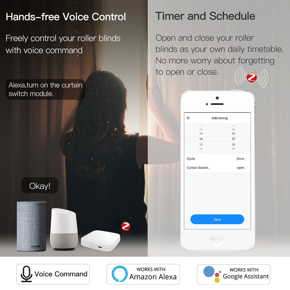 ZigBee Smart RF433 Curtain Switch Module for Motorized Roller Shutter Blinds Motor 2MQTT Smart Life APP Alexa Google Home