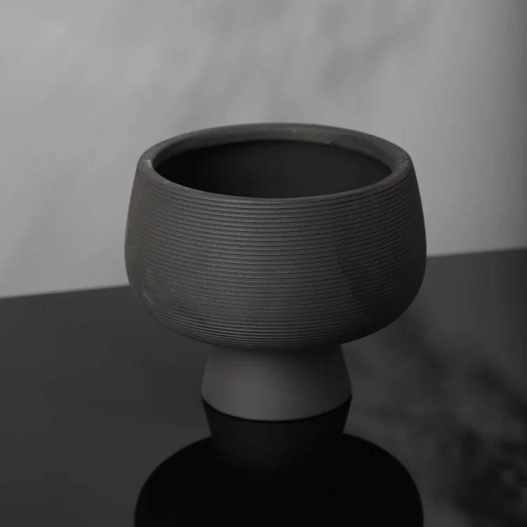 Matte black striped embossed design home decoration pieces unique shape garden decor ceramic flower pot