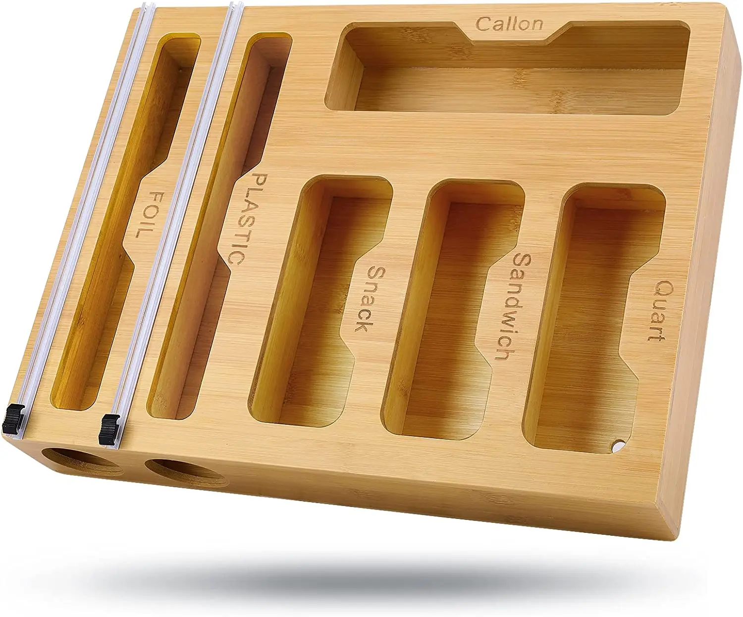 Лидер продаж 2023 бамбуковый органайзер для пакетов с застежкой-молнией и диспенсер пластиковой упаковки резаком 6 в 1 деревянный пакет хранения продуктов