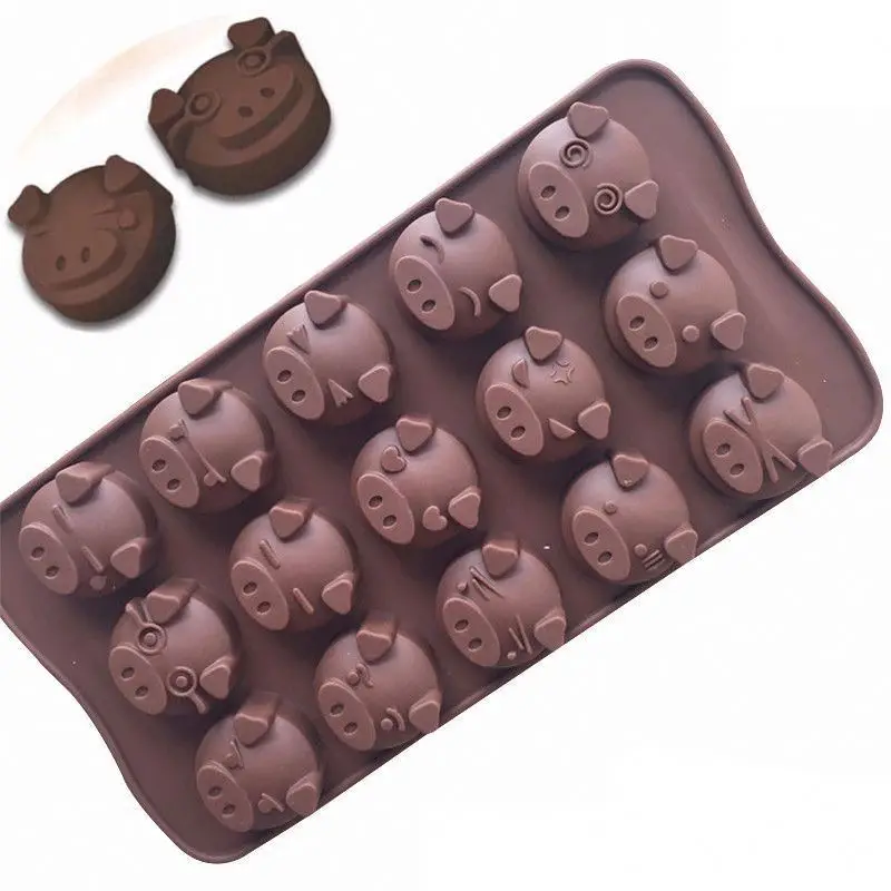 653 factory STOCK 15 even expression pig head silicon chocolate moulds, silicon resin mold, silicone ice cube tray