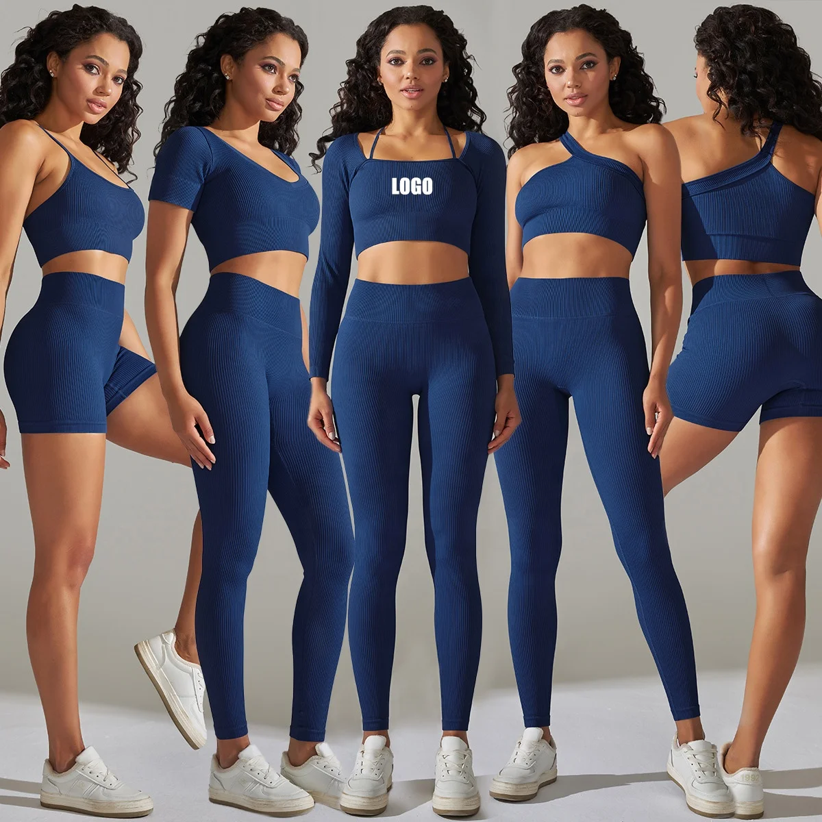 Women Non See Through 6 Piece Fitness Seamless Outfits Ribbed Sports Long sleeve Tank tops Yoga Clothes bra Leggings shorts Set