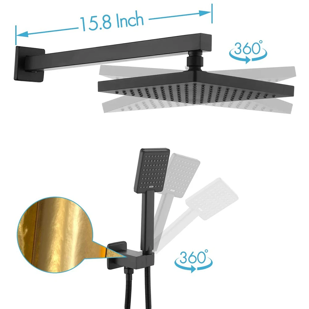 Aquacubic Shower System 10 Inches Ceiling Black Tub Faucet Set with Square Rain