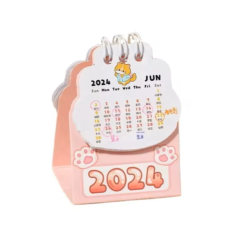 Custom 2024 Table Calendar Cute Cat Mini Calendar Kawaii Portable Pocket Student Record Daily Plan Calendar 6 Styles