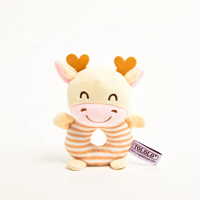 Baby Soft Toy Rattle Cow Teether Embroidered Soft Plush Ring Rattle Toy for Over 0 Months