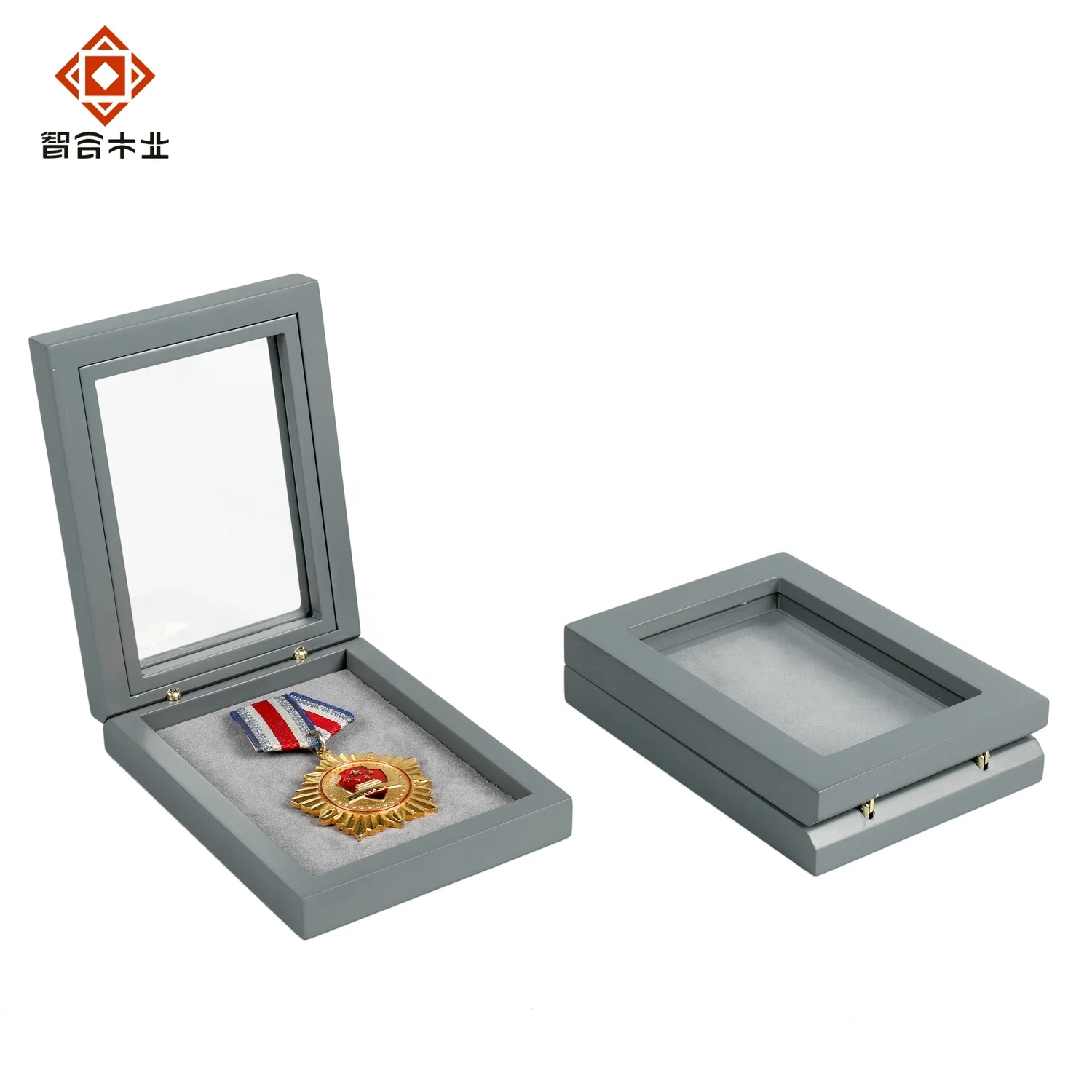 Modern Custom Transparent Windows Design Small Gray Rectangular Wooden Medal Display Boxes
