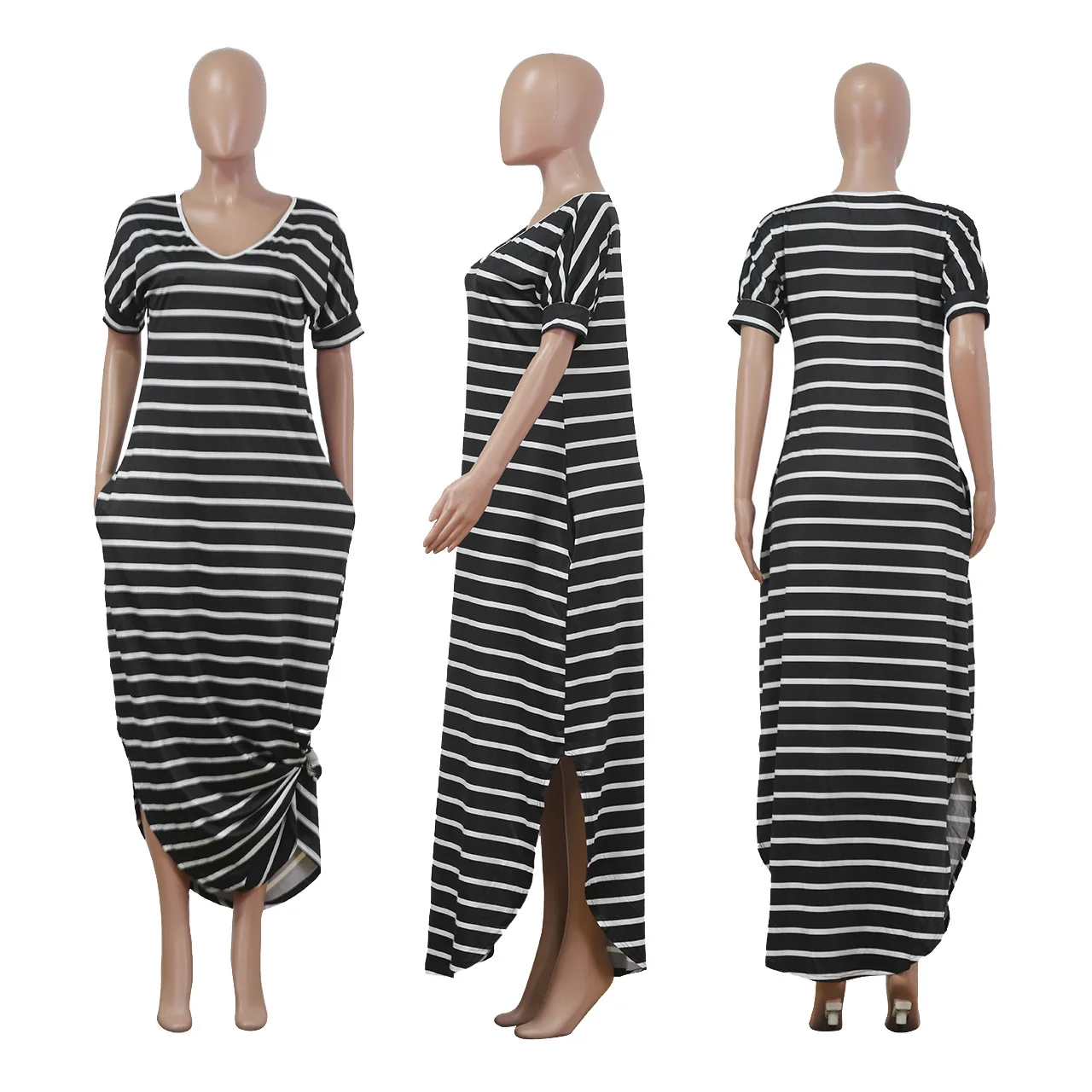 Fashion Side Pocket Striped Printed European And American Style Women Dress