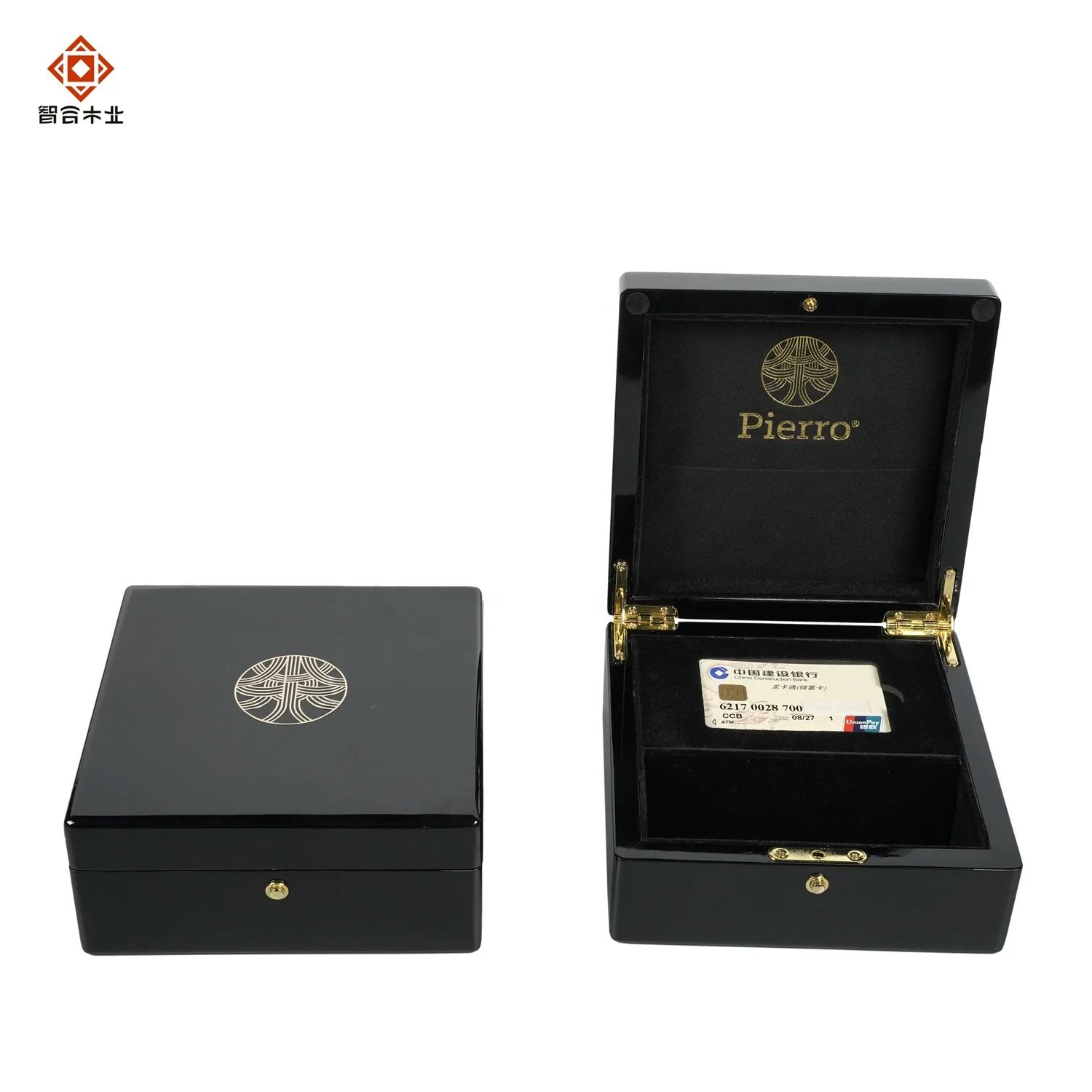 High Gloss Wooden Box with Drawer Customized Logo Credit Card Organizer Black High Gloss Gift Box Luxury Gift Boxes