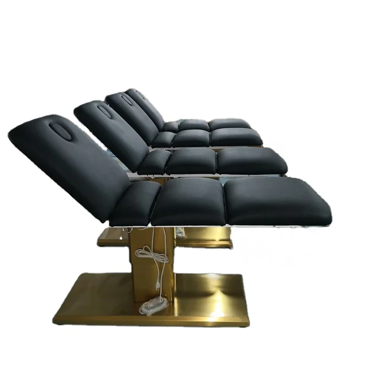 Kisen saloon equipments beauty salon furniture 3 motors massage spa tables hydraulic black electric facial bed with golden base