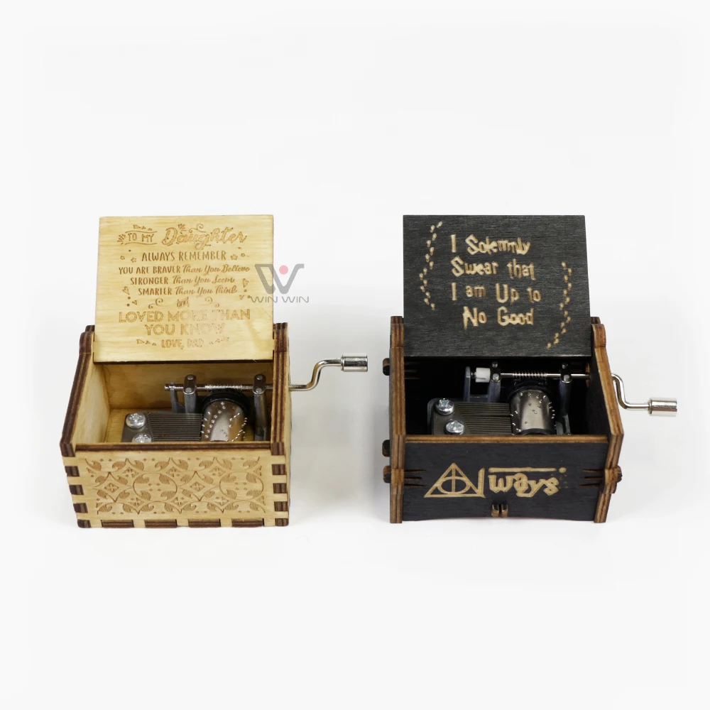New Arrival Custom Mini Music Box Hand Crank Laser Engraved Hand Crank Wooden Music Box