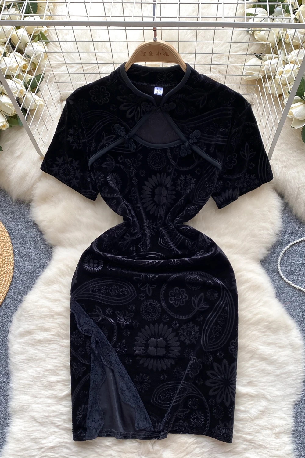 Summer Y2K Mandarin Collar Slit Sheath Hip Dress For Women Short Sleeve Lace Dresses Ladies Retro Dresses Clothes Women