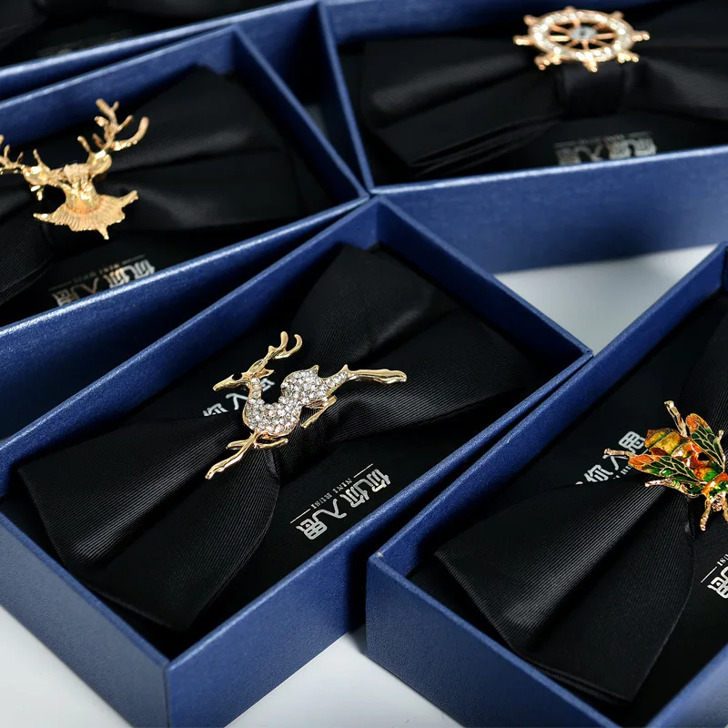 Personalized fashion business handmade black with diamonds solid color mens bow tie accessories