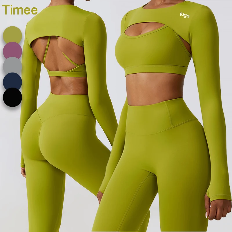 2023 High quality sports wear women set vest long sleeve shawl conjunto deportivo mujer fitness top  sports shawls for women