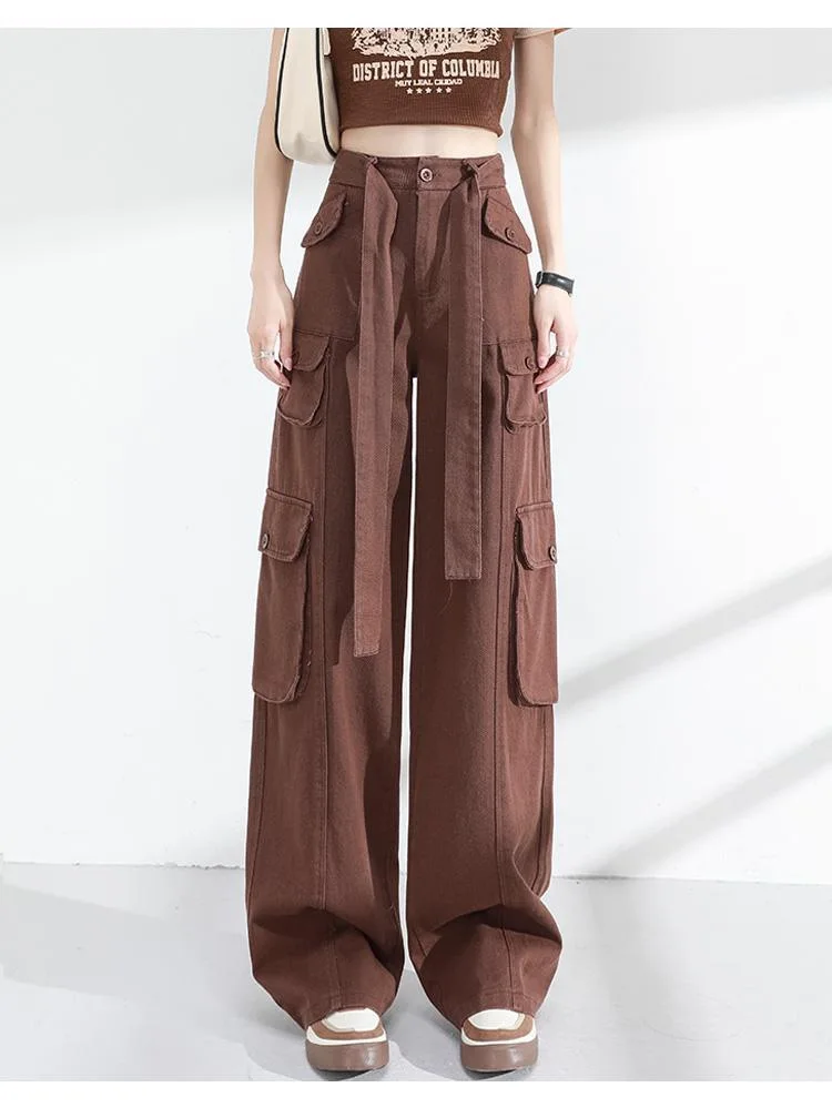 Women Brown Vintage Cargo Pants Baggy Jeans Women High Waist Fashion 90s  Cool Girl Slim Multiple Pockets Design Cargo Pants