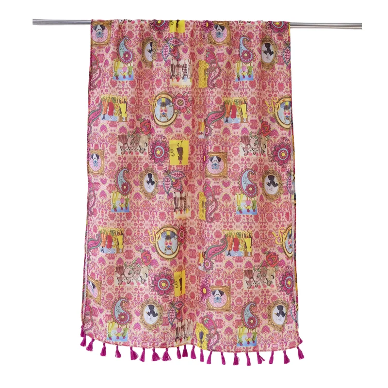 Wholesale Flower Print Scarf Fashion Women Tassel Polyester Bali yarn Long Scarf Travel Beach Shawls