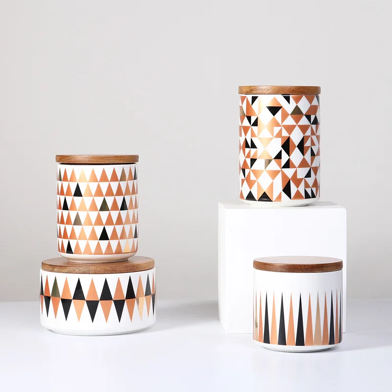 Geometric pattern Porcelain Container Ceramic kitchen Food Storage Jar Wooden Lid Canister Serving Tea Coffee Sugar Canister