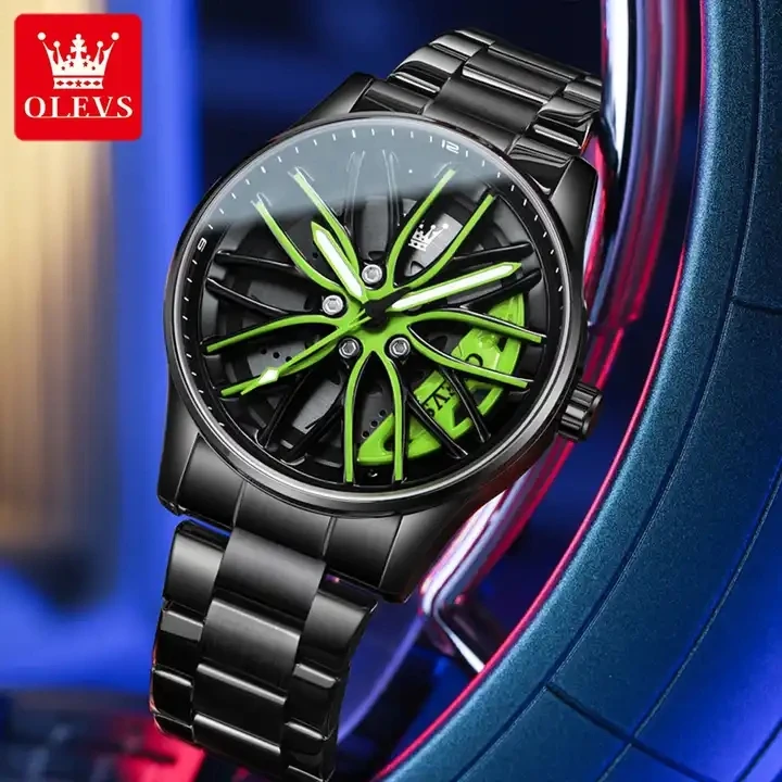 stereoscopic hollow dial olevs 9937 mens wrist watch car rim wheel hub steering automatic watch cool watches for motorcycle man