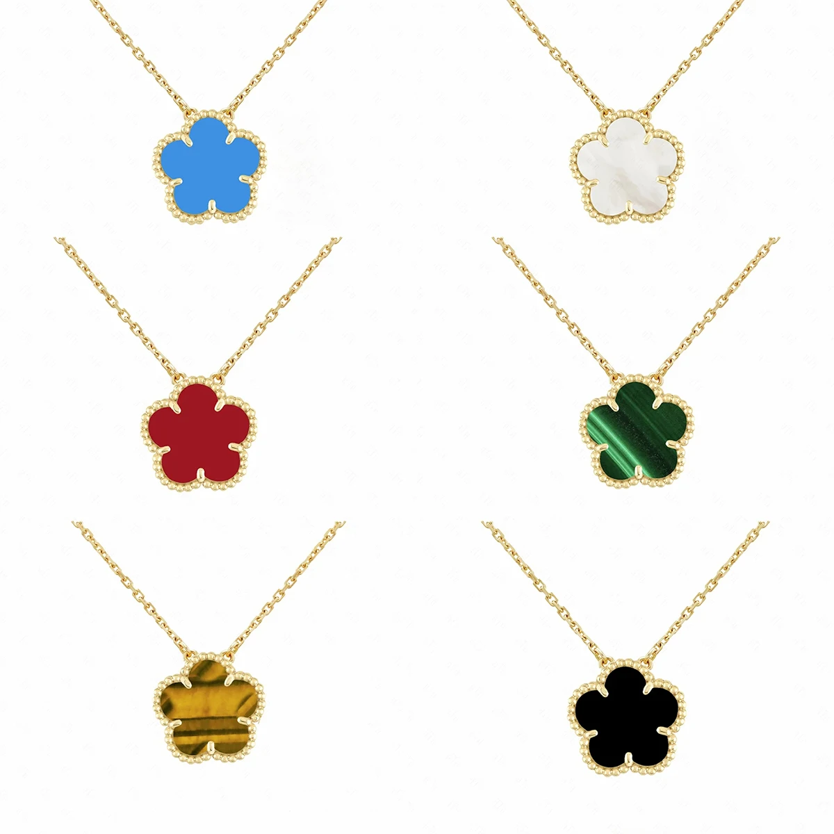 925 Sterling Silver Gold Plated Nature Stone Malachite Tiger Pendant Five Leaf Clover Hawaiian Flower Necklace