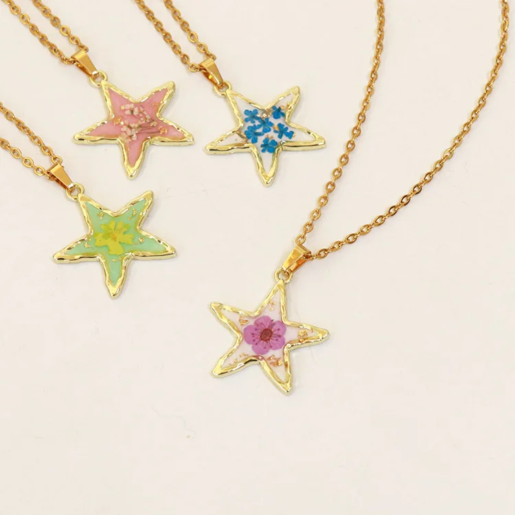 New Arrival Dried Flower Pendant Necklace Eternal Real Flower Star Shaped Necklace For Lady