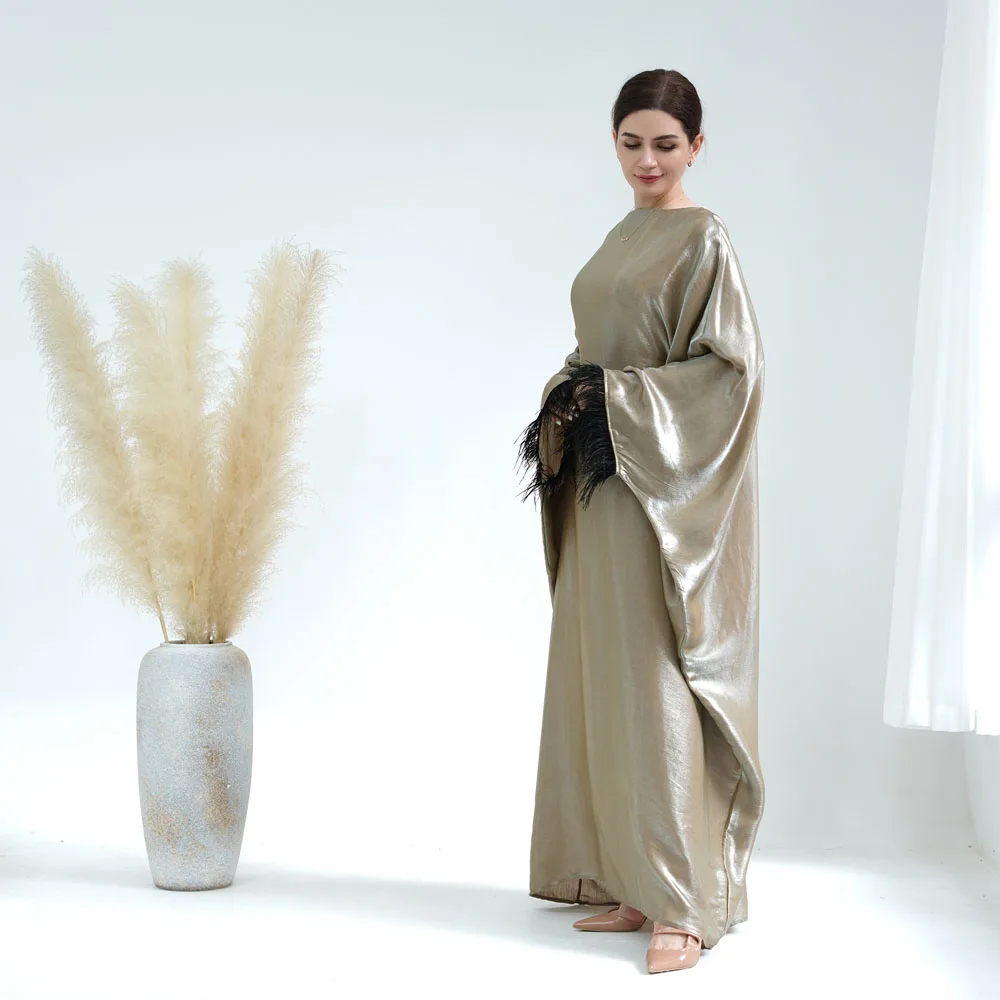 New Closed Abaya Sleeves with Feather Ramadan EID Modest Saudi Dubai Abayas Dresses Islamic Clothing for Women Muslim Dress