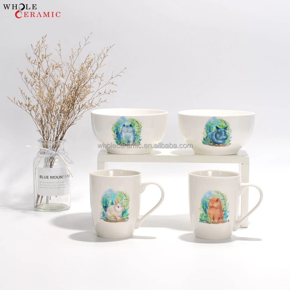 3pcs 4pcs white ceramic dinnerware  Cartoons Kids Animal breakfast ceramic porcelain dinner set