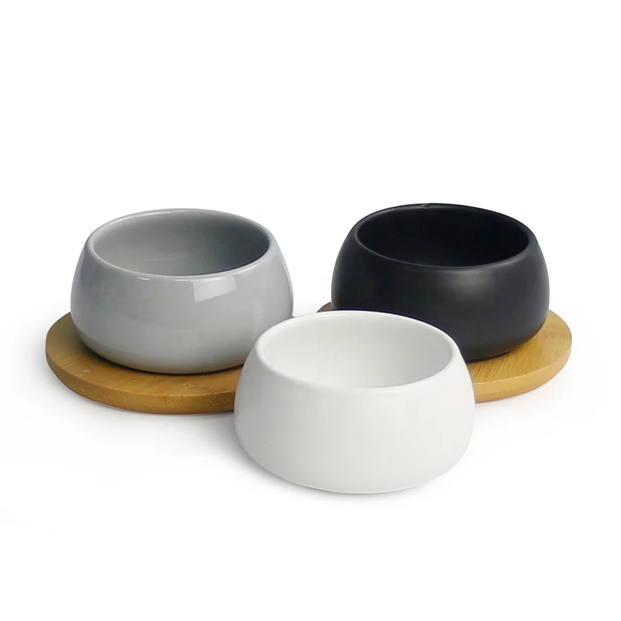 Керамический Мини цветочный горшок, круглый горшок для суккулентов с бамбуковым подносом, глиняный горшок с деревянной подставкой для домашнего декора