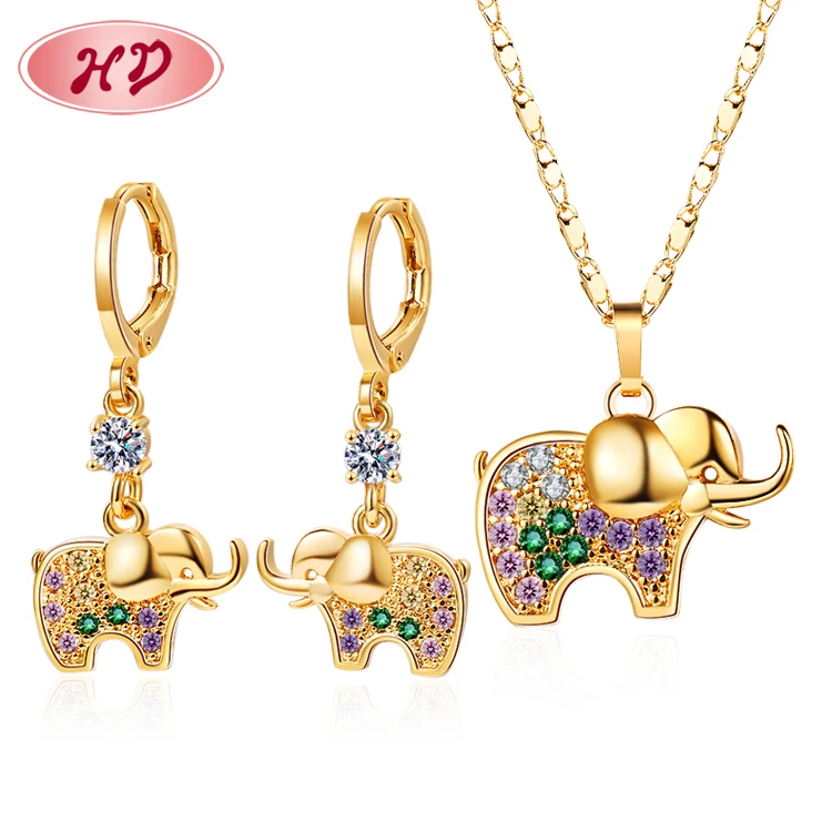 top best selling elephant cute jewellery earring and necklace set for woman cubic zirconia jewelri set 18k gold plated on brass