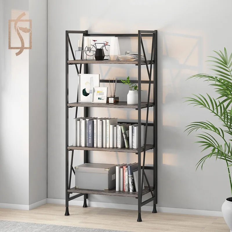 FYG Metal and Wood Rack Simple Foldable 4 Layers Living Room Free Installation Bookshelf Height 125cm