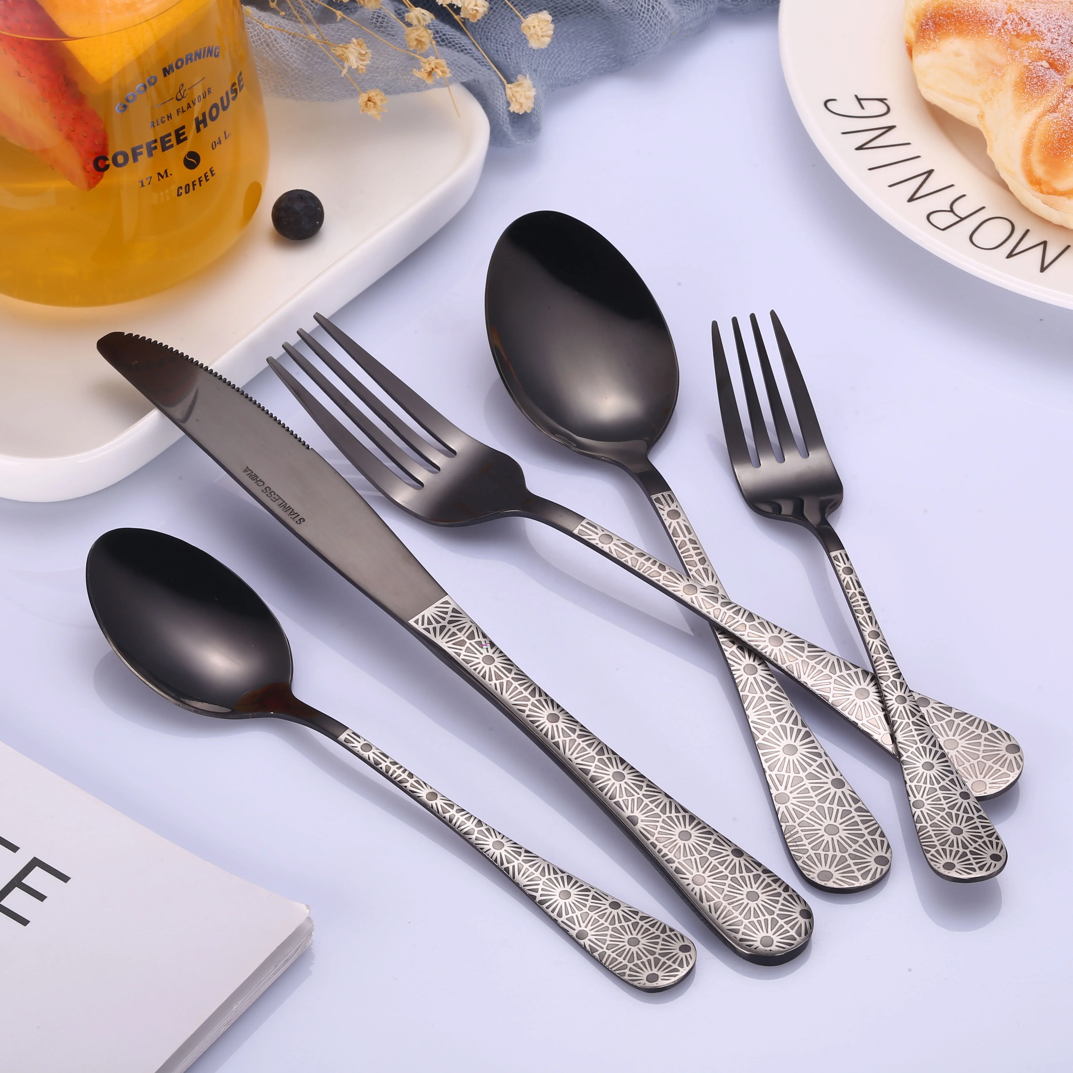 
Black Flatware Cutlery Set Stainless Steel Silverware Tableware Set Black Sterling Electroplated Metal Mirror Polished 