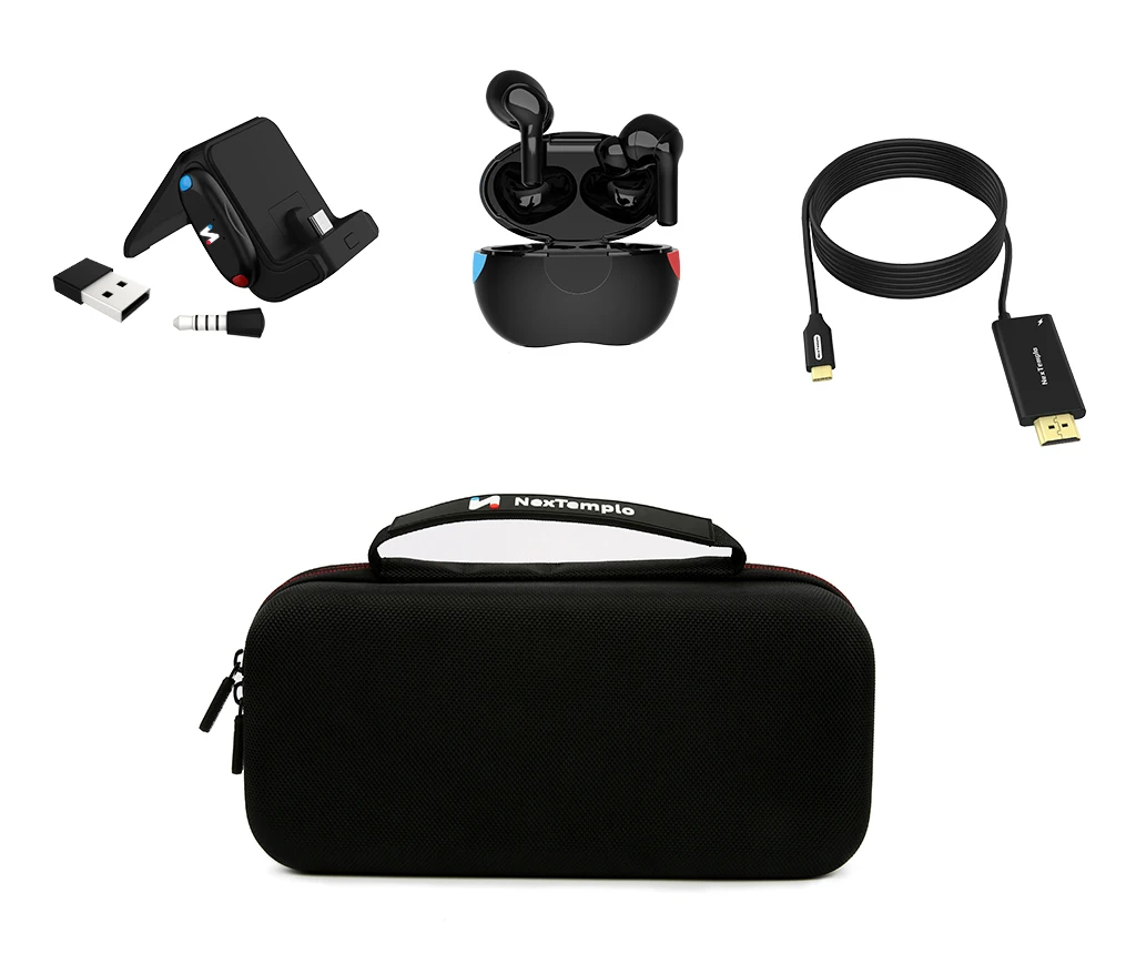 
NexTemplo 4-in-1 Gaming Kit for Nintendo Switch Charging Dock Low Latency Bluetooth Audio 4K HDMI Cable Earbuds Carry Bag 