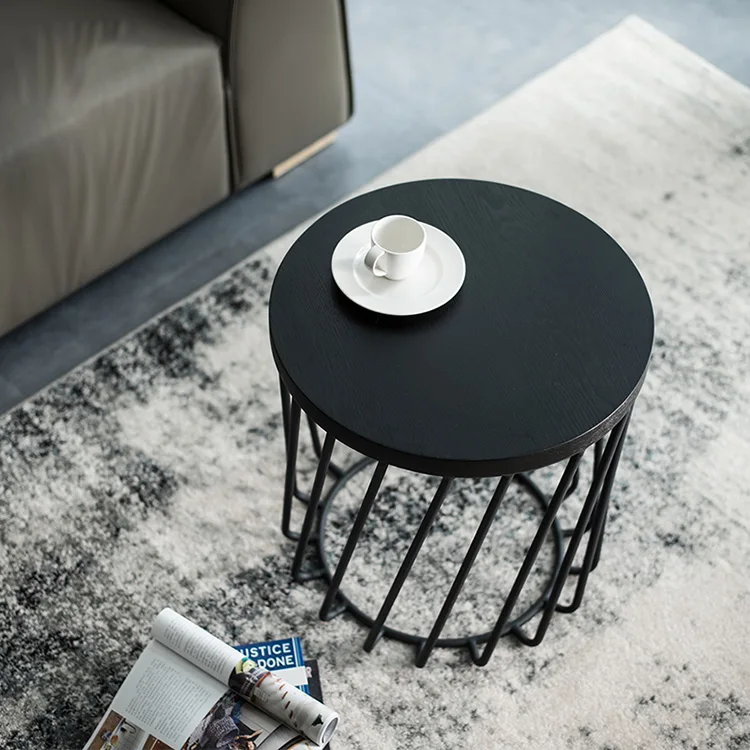 New design living room center round wooden coffee table set with metal storage basket