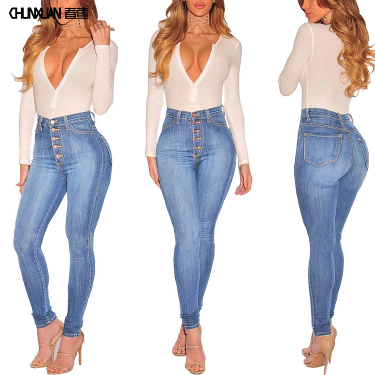 Women high waist casual high elastic jeans button denim skinny trousers