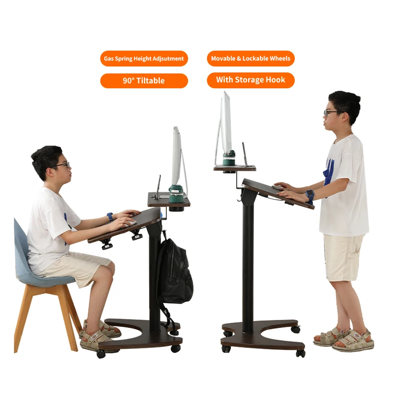new design gas lift foldable Chinese folding dual layer laptop table pneumatic rolling mobile standing table for sofa