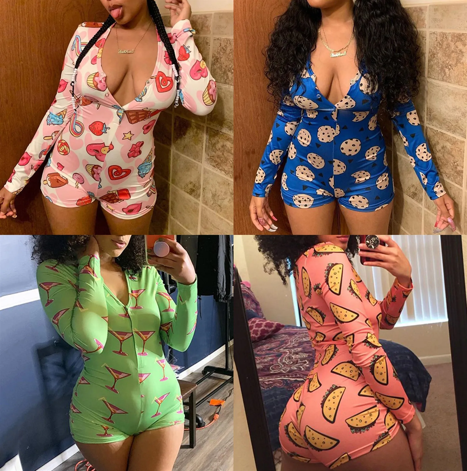FM-6002 Sexy  V-neck 26 patterns print long sleeve panties casual jumpsuit woman one piece women bodysuit 2020 biker shorts