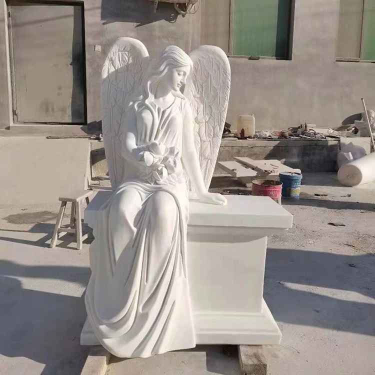 Hand carved customized marble angel cemetery statues with a garland for outdoor decoration
