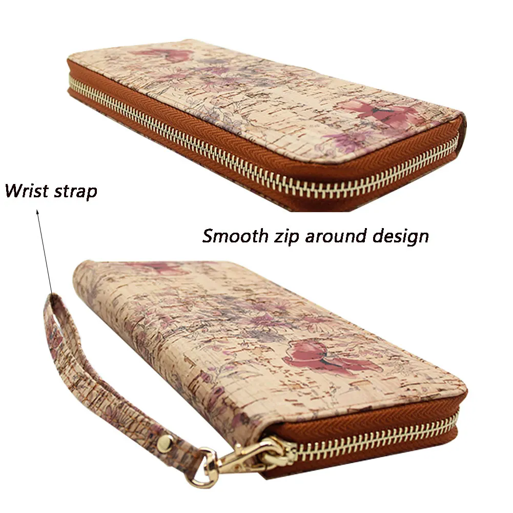 Boshiho  2021 Hot Style  RTS custom beautiful multi flower pattern women gifts long zipper vegan cork wallet