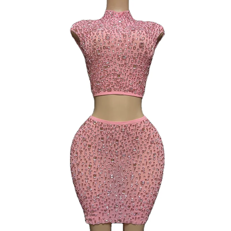 Latest Products Two Piece Set Women Stunning Bling Bling Rhinestones Clothing Glittering Crystals Cute Club Dresses High Neck