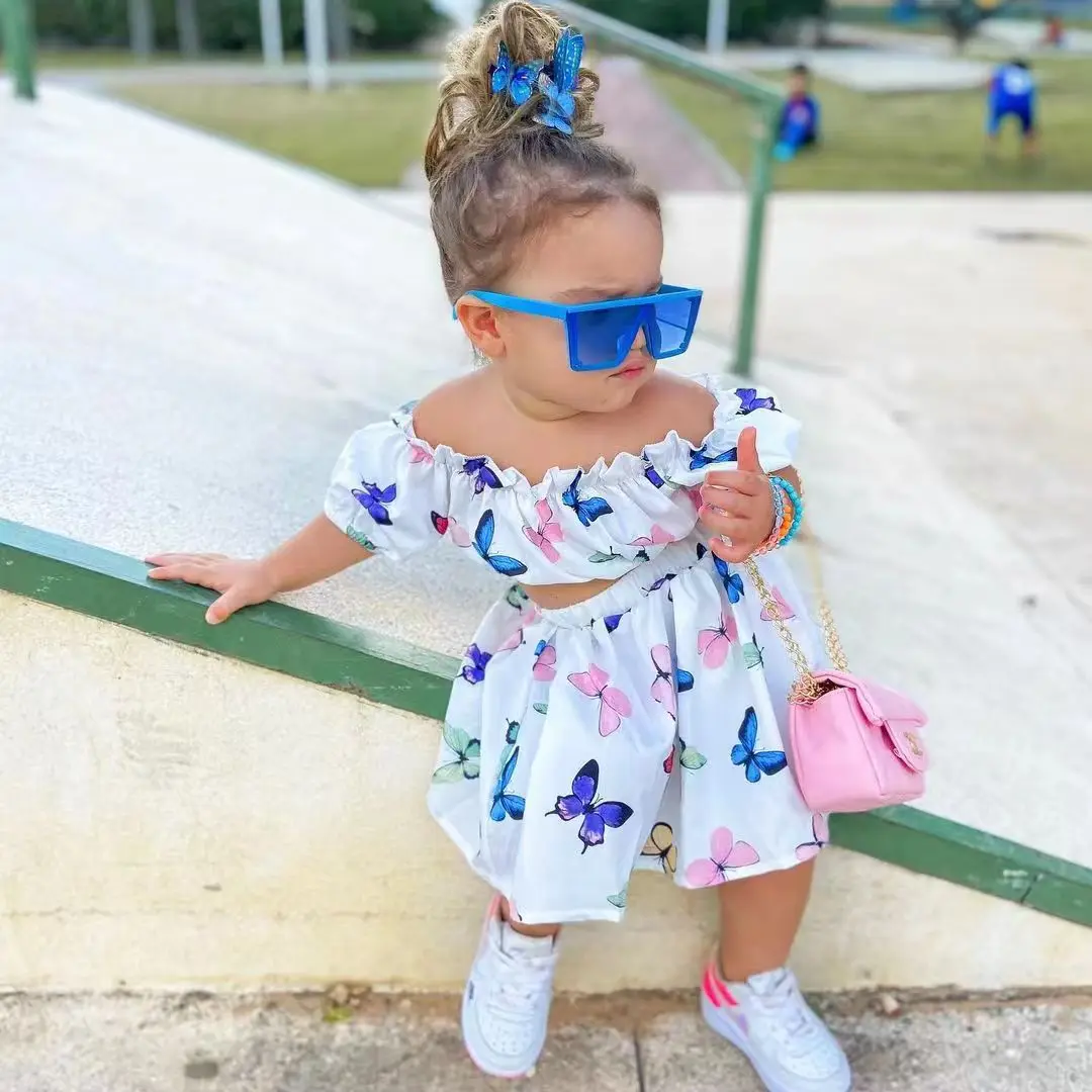 Girls Clothing Summer Off Shoulder Two Pieces Baby Clothing Sets Off Shoulder Top Butterfly Print Skirt Girls Dresses