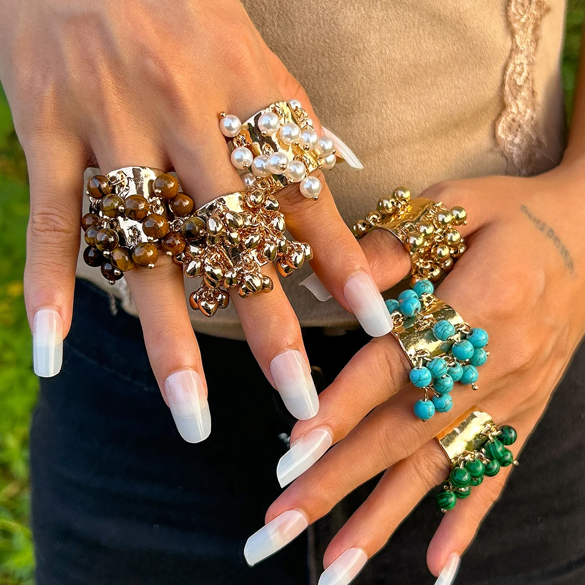 Vintage Design Turquoise Imitated Pearl Wide Face Open Rings for Women Trendy Lady Street Peach Heart Ring Fashion Jewelry Gifts