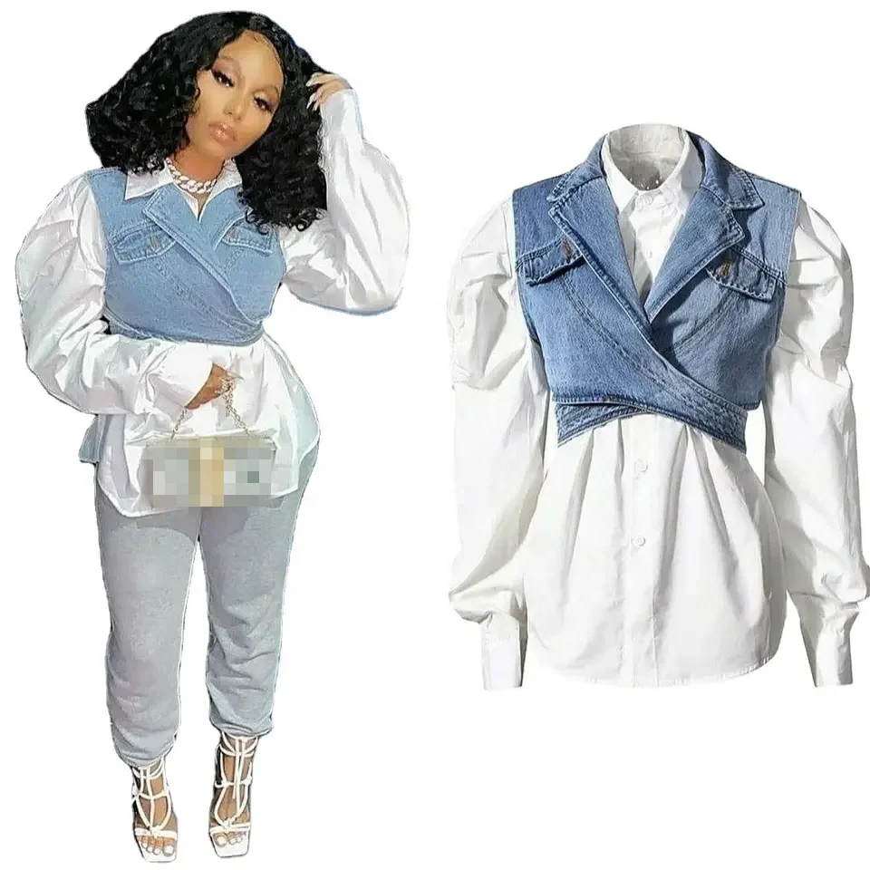 New Arrivals Jeans Denmin Waistcoats With White Puff Sleeve Tops Blouses Long Sleeve Two Piece Set Women Clothing