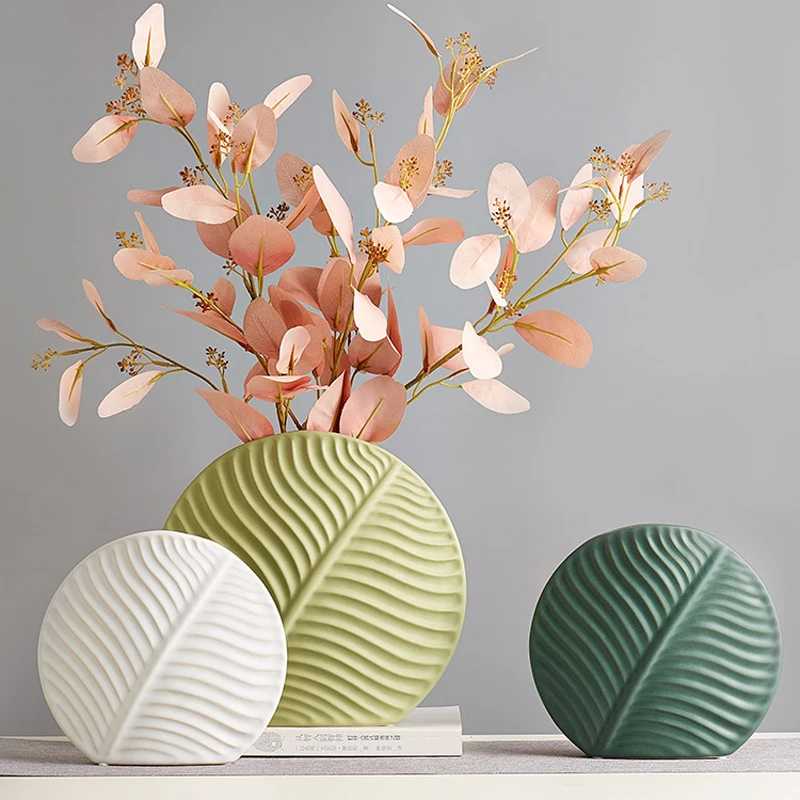 Nordic Ceramic Leaf Vase Living Room Decorations Flower Arrangement Vase Desktop Creativity Green Leaves Floral Ornaments