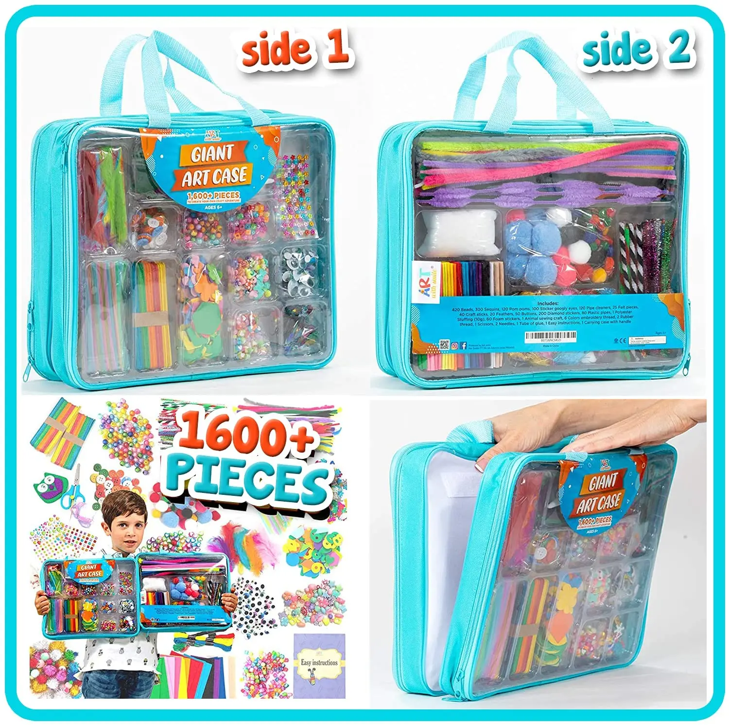 1600pcs Arts and Crafts Supplies for Kids DIY Projects Case Filled with Pom Box Craft Kit Beads Buttons Scissors