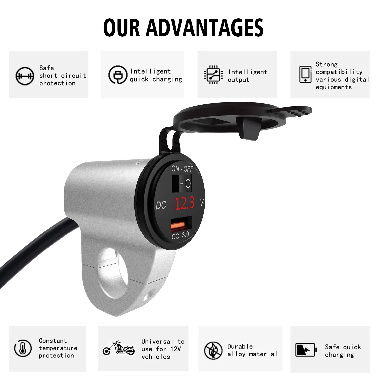 ON/OFF Switch QC3.0 Fast Charging Motorcycle Dual USB Charge with Volt Display