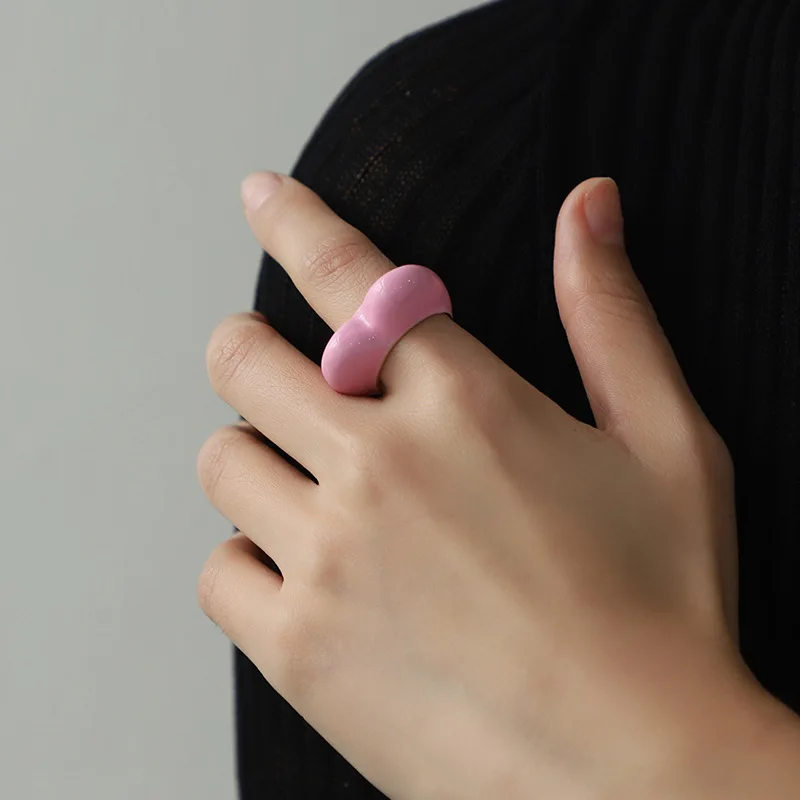 KJ Valentines Day Love Peach Ring Original Design Pink Red Black Heart Hollow Alloy Enamel Ring